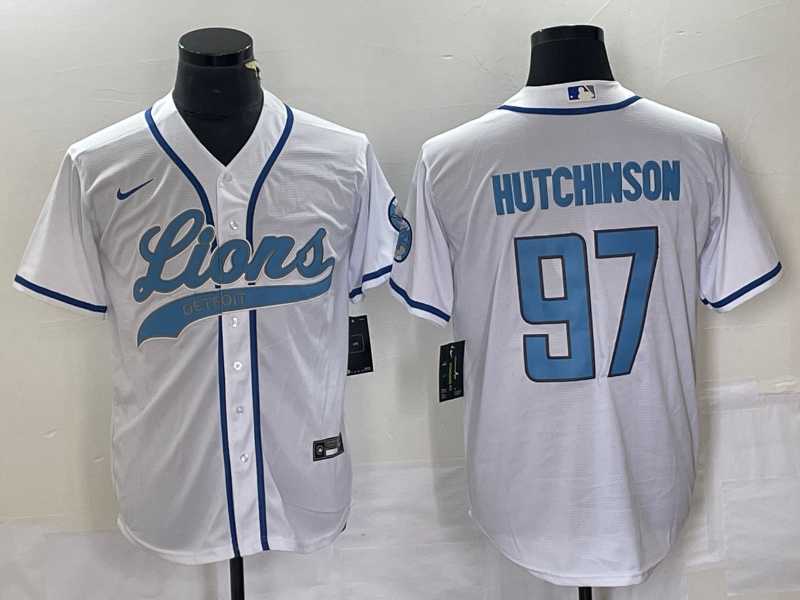 Mens Detroit Lions #97 Aidan Hutchinson White With Patch Cool Base Stitched Baseball Jersey
